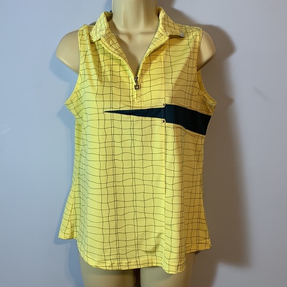 Jamie Sadock butter Yellow Blue grid pattern Sleeveless Top 1/4 zip medium - Picture 1 of 8